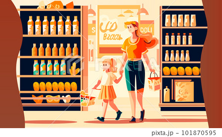 mother and little daughter shopping at supermarket with products in carts family in store buying groceries mother and little daughter shopping at supermarket with products in carts family in store buying groceries 101870595