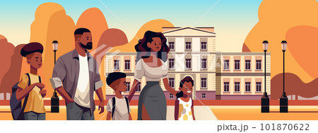 parents and little children walking together in urban park mother father and kids standing together parenthood big family 101870622