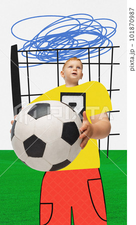 Contemporary art collage with little boy, football player wearing sports wear over white background with pencil sketch. Soccer match 101870987