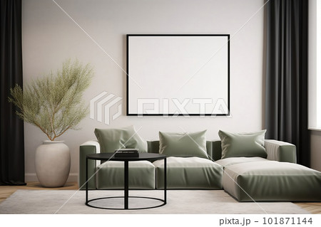 Contemporary living room interior with poster frame mockup. created with Generative AI 101871144