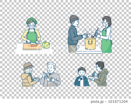 ボランティア活動の炊き出し　炊き出しを食べる人達のイラスト 101871204