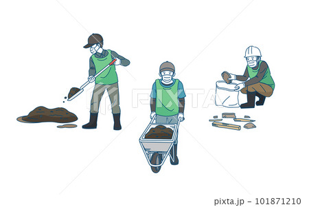 ボランティア活動 瓦礫や泥を撤去する人達 復興支援のイラスト ボランティア活動 瓦礫や泥を撤去する人達 復興支援のイラスト 101871210