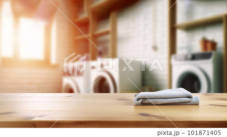 Product display on empty wood table with laundry room background. created with Generative AI Product display on empty wood table with laundry room background. created with Generative AI 101871405