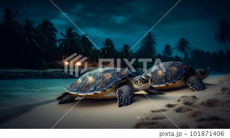 Nighttime Walk with Sea Turtle and Coconut Tree on the Beach. created with Generative AI Nighttime Walk with Sea Turtle and Coconut Tree on the Beach. created with Generative AI 101871406