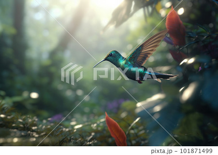 Flying hummingbird with colorful feathers in a natural garden habitat, surrounded by flora and fauna in Costa Rica. AI Generative. Flying hummingbird with colorful feathers in a natural garden habitat, surrounded by flora and fauna in Costa Rica. AI Generative. 101871499