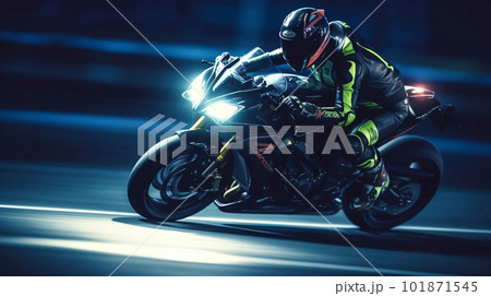 Mad Rider on a Motorcycle Racing at High Speed on Modern Racetrack. created with Generative AI 101871545