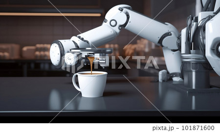 Robot arm serving hot coffee in a coffee shop. created with Generative AI Robot arm serving hot coffee in a coffee shop. created with Generative AI 101871600