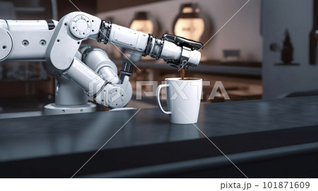 Robot arm serving hot coffee in a coffee shop. created with Generative AI Robot arm serving hot coffee in a coffee shop. created with Generative AI 101871609