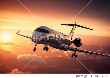 Private Jet Soaring Through a Stunning Sunset Sky. created with Generative AI 101871706