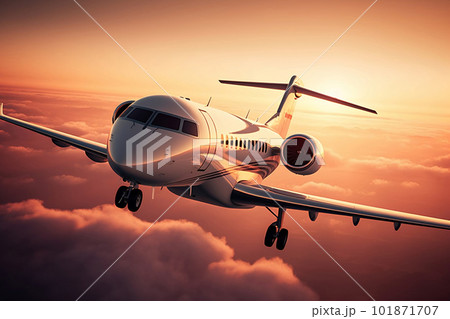 Private Jet Soaring Through a Stunning Sunset Sky. created with Generative AI 101871707