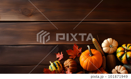 Fall Harvest: Pumpkins, Gourds, and Decor on Rustic Wood Background. created with Generative AI 101871949