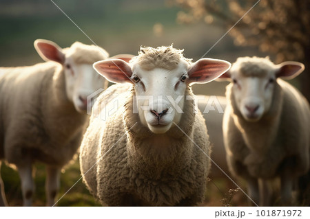 Serene Sheep Grazing on Lush Pasture Farm in the Countryside. created with Generative AI Serene Sheep Grazing on Lush Pasture Farm in the Countryside. created with Generative AI 101871972