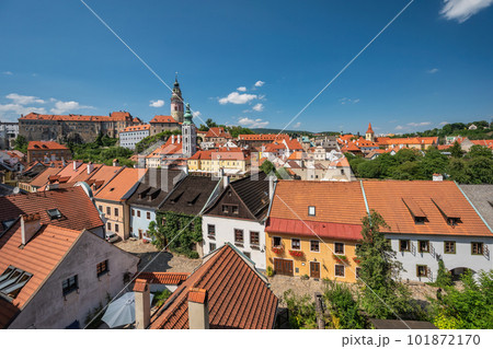 Cesky Krumlov Czechia Czech Republic, high angle view city skyline at old town and Vltava River Cesky Krumlov Czechia Czech Republic, high angle view city skyline at old town and Vltava River 101872170