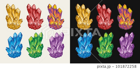 Set of crystal gems, druse of gemstones. Magical, glowing inside minerals. Fantasy, mystical concept. Colors of ruby, sapphire, emerald, topaz amethyst gems. Illustrations in vintage style. 101872258