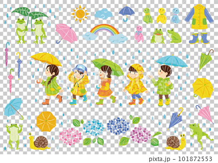 6月　梅雨　傘をさす子どもたち　カエルや紫陽花などのイラスト素材セット 101872553