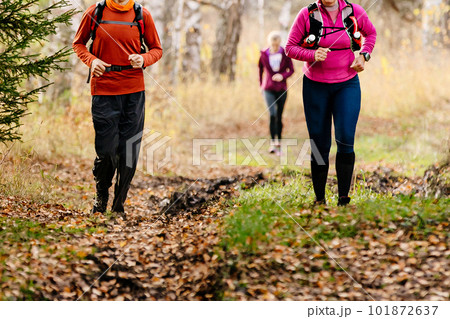 woman and man runners run autumn trail marathon on fallen leaves in forest, cross-country running race 101872637