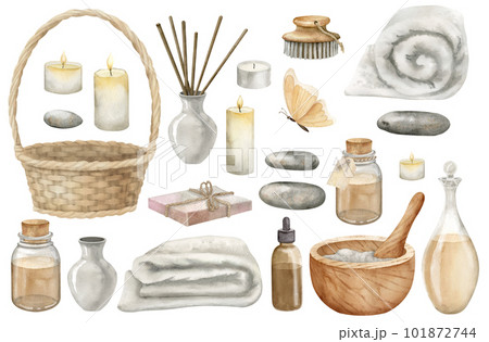 Spa set with bottles, towel, mortar and pestle. Hand drawn watercolor illustrations on isolated background for clipart or beauty cosmetic design. Big bundle for aromatherapy or alternative medicine. Spa set with bottles, towel, mortar and pestle. Hand drawn watercolor illustrations on isolated background for clipart or beauty cosmetic design. Big bundle for aromatherapy or alternative medicine. 101872744