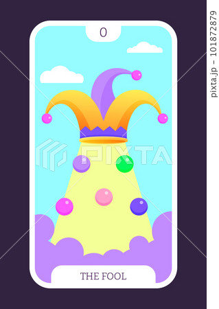 The Fool tarot cartoon flat card template major arcana. Taro vector illustration spiritual signs with esoteric magic and astrology symbols. Isolated colored graphic. Witchcraft concept EPS The Fool tarot cartoon flat card template major arcana. Taro vector illustration spiritual signs with esoteric magic and astrology symbols. Isolated colored graphic. Witchcraft concept EPS 101872879