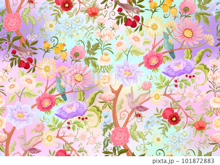 Fantasy flowers and birds in retro, vintage, jacobean embroidery style.  101872883