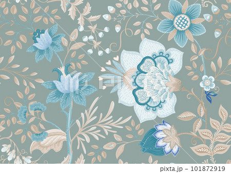 Fantasy flowers in retro, vintage, jacobean embroidery style.  101872919