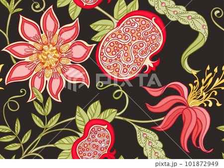 Decorative pomegranate fruits and flowers in art nouveau style, Decorative pomegranate fruits and flowers in art nouveau style, 101872949