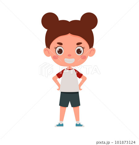 Cute little kid happy girl smile. Cartoon schoolgirl character show facial expression. Vector illustration 101873124