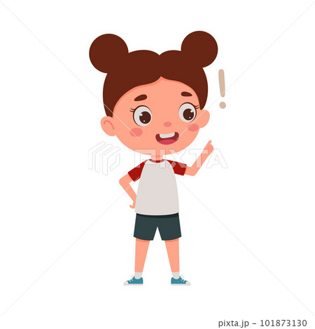 Cute little kid girl with great idea. Cartoon schoolgirl character show facial expression. Vector illustration 101873130