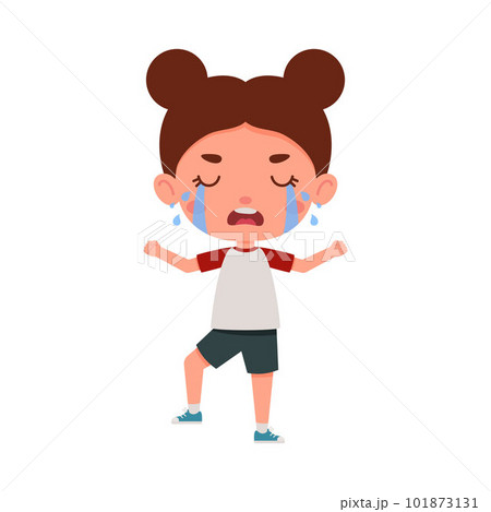 Cute little kid girl cry. Cartoon schoolgirl character show facial expression. Vector illustration 101873131