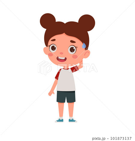 Cute little kid girl confused. Cartoon schoolgirl character show facial expression. Vector illustration 101873137