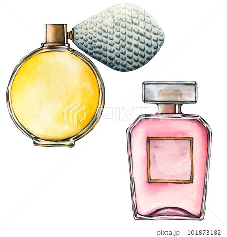 Watercolor glass perfume bottle. Hand-drawn illustration flowers aroma spray isolated on white background for greeting cards, wedding invitation and birthday Watercolor glass perfume bottle. Hand-drawn illustration flowers aroma spray isolated on white background for greeting cards, wedding invitation and birthday 101873182