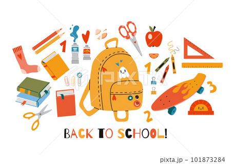 Cute school stationery and Art Supplies Set, cartoon style. The contents of the student backpack. Kawaii workspace accessories. Trendy vector illustration isolated on white, hand drawn, flat. 101873284