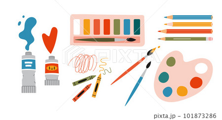 Painting tools elements vector set, cartoon style. Art supplies: paint tubes, brushes, pencil, watercolor, palette. Trendy modern vector illustration isolated on white, hand drawn, flat Painting tools elements vector set, cartoon style. Art supplies: paint tubes, brushes, pencil, watercolor, palette. Trendy modern vector illustration isolated on white, hand drawn, flat 101873286