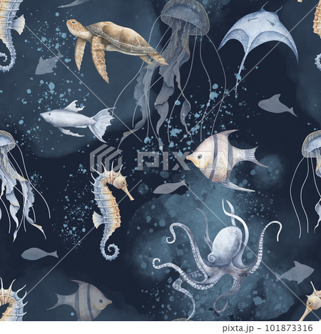 Undersea seamless Pattern with underwater animals and fishes on dark black blue background. Hand drawn watercolor illustration with turtle, seahorse and octopus for wrapping paper or textile design. Undersea seamless Pattern with underwater animals and fishes on dark black blue background. Hand drawn watercolor illustration with turtle, seahorse and octopus for wrapping paper or textile design. 101873316