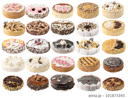 Big collection of cakes. Chocolate, cream, coconut, peanut cake isolated on white background with clipping path Big collection of cakes. Chocolate, cream, coconut, peanut cake isolated on white background with clipping path 101873393
