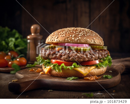 Home made big tasty hamburger with lettuce and cheese Home made big tasty hamburger with lettuce and cheese 101873429