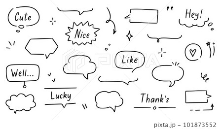 Balloon text frame decoration set. Simple hand drawn pen line speech bubble, cloud, balloon frame for text border. Doodle elegant dialog bubble, title headline. Vector 101873552