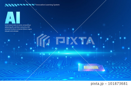 AI technology concept chipset on circuit board in futuristic style gradient blue glowing dot elegant background 101873681