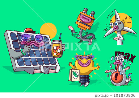 Greene energy concept with 3d cute cartoon characters set. Funny avatars of solar panel, plug for socket, wind turbine, eco light bulb, hot thermometer. Vector illustration with comic mascots design 101873906