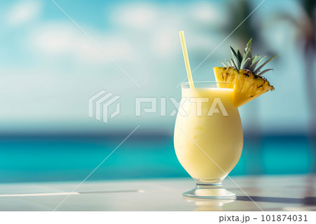 Pina colada cocktail on poolside by light blue sunny sea. Generative AI illustration 101874031