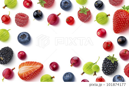 Fruits and berries frame isolated on white background, flat lay Fruits and berries frame isolated on white background, flat lay 101874177