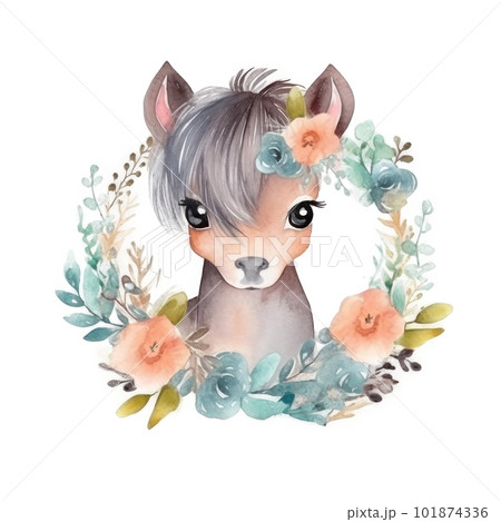 Cute watercolor pony Illustration AI Generative 101874336