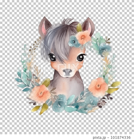 Cute watercolor pony Illustration AI Generative 101874336