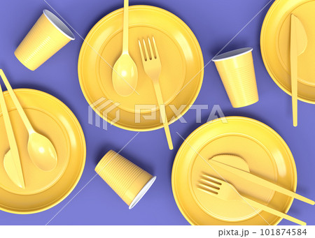 Set of disposable utensils like plate, folk, spoon,knife and cup on monochrome Set of disposable utensils like plate, folk, spoon,knife and cup on monochrome 101874584