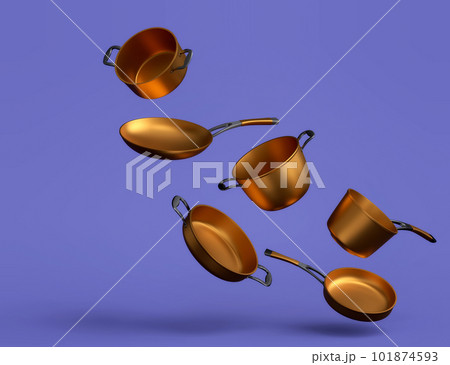 Set of flying stewpot, frying pan and chrome plated cookware on blue background 101874593