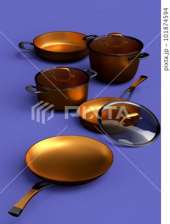 Set of stewpot, frying pan and chrome plated cookware on blue background 101874594
