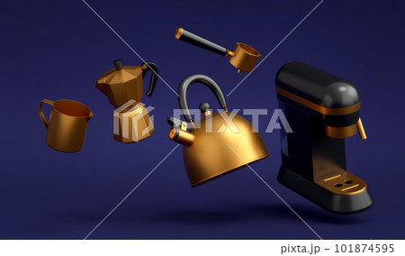 Espresso coffee machine with horn, kettle and geyser coffee maker on blue . 101874595