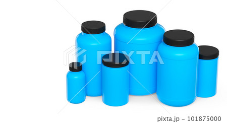 Set of blue plastic jar for sport nutrition whey protein and gainer powder isolated on white background. 3d rendering of sport supplement for crossfit, trx and powerlifting workout Set of blue plastic jar for sport nutrition whey protein and gainer powder isolated on white background. 3d rendering of sport supplement for crossfit, trx and powerlifting workout 101875000
