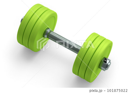 Metal dumbbell with green disks isolated on white background. 3d rendering of sport equipment for fitness and powerlifting 101875022