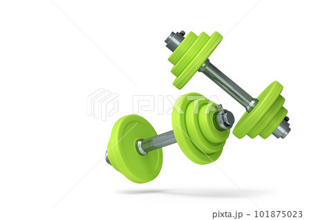 Pair of dumbbells with green disks isolated on white background. 3d rendering of sport equipment for fitness and powerlifting Pair of dumbbells with green disks isolated on white background. 3d rendering of sport equipment for fitness and powerlifting 101875023