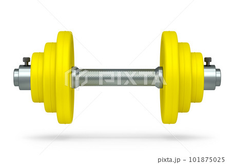 Metal dumbbell with yellow disks isolated on white background. 3d rendering of sport equipment for fitness and powerlifting Metal dumbbell with yellow disks isolated on white background. 3d rendering of sport equipment for fitness and powerlifting 101875025